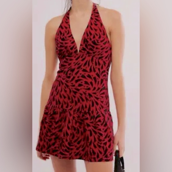 Free People Cecil Halter Mini Dress Red Black Print Size L - Picture 1 of 11